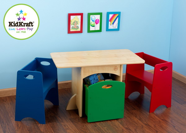 New Multi Color Kids Toy Storage Bin Box Table and Two Benches 