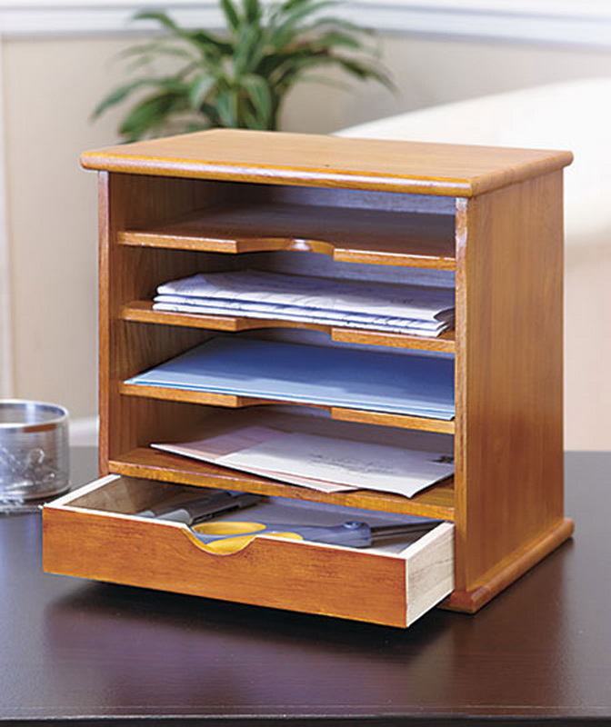 New Desk Mail Organizer 1 Drawer 4 Slot Natural Solid Wood Mini Shelf