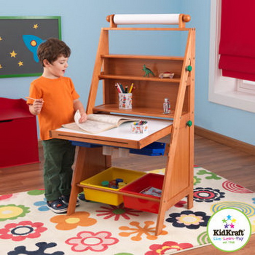 New Kids Wood Art Easel with Paper Roll Chalk & Dry Erase Board + Desk