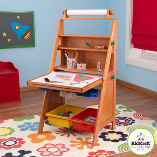 New Kids Wood Art Easel with Paper Roll Chalk & Dry Erase Board + Desk