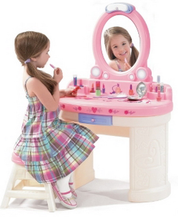 New Kids Girls Pink Play Dress Up Vanity with Mirror Stool 3 PC Accessory Set