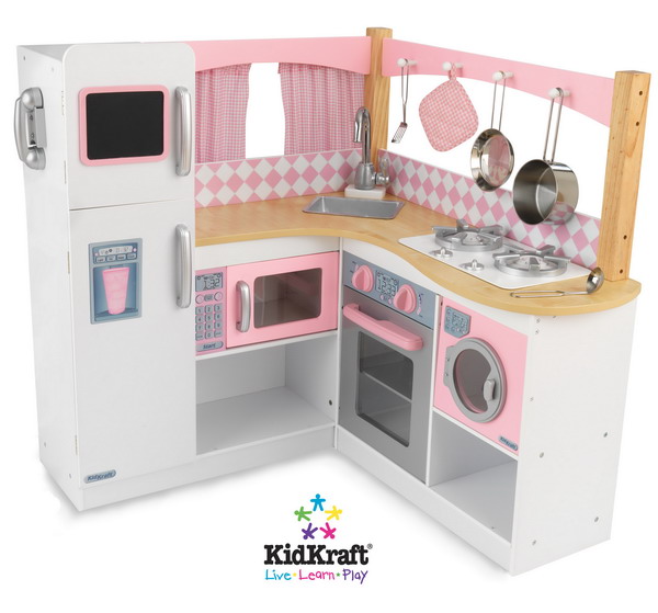 New Big Pretend PLAY KITCHEN Huge 36 Corner Pink White Set With Pots 