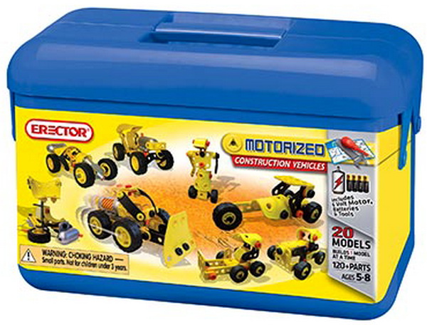 The Erector Motorized Construction Vehicles set includes approximately 