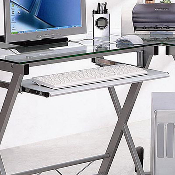 New L Shaped Glass Top Desk Computer Work Station metal frame office 