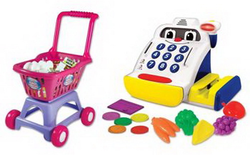 New Kids Toy Cash Register Shopping Cart 24 Food Items Shop Learn Play Bundle