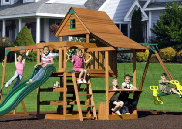 New 21 Sierra Cedar Wood Playground Slide Monkey Bars & Swing Set 